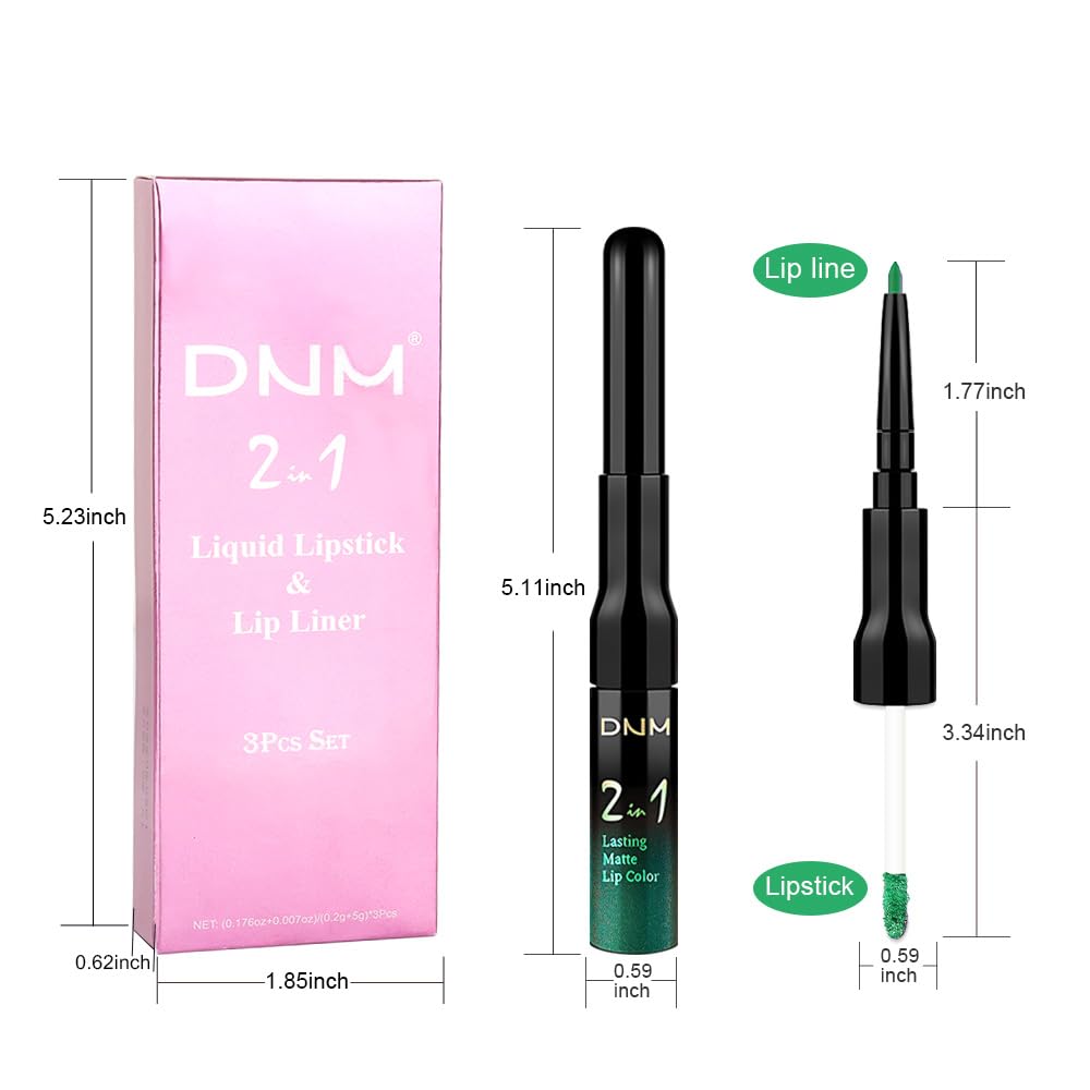 IATMOMOD 3Pcs 2 in 1 Green Matte Shimmer Lip Liner and Liquid Lipstick Stain Makeup Set for women, Long Lasting Smudge Proof Lip Tint Matte Finish Lip Gloss for All-Day Color Hold Easy to Use, Set25