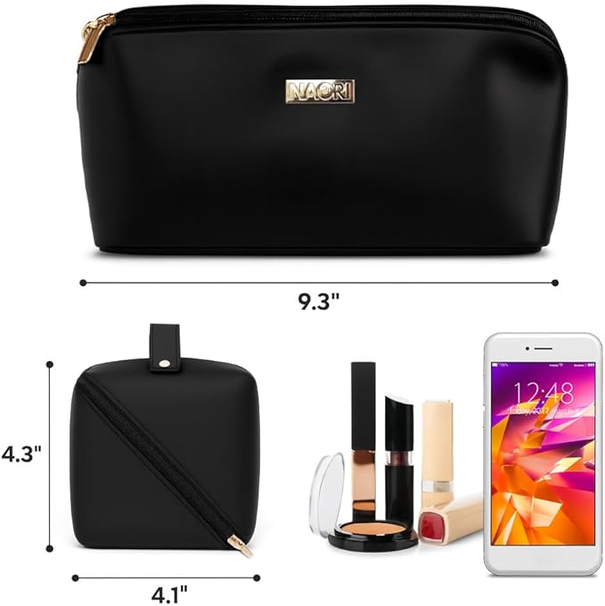 NAORI Travel Makeup Bag for Women | Large Luxury Cosmetic Organizer with Handle & Inner Pockets | Waterproof Faux Leather Toiletry Bag | Makeup Case for Home, Travel & Gifting (Elegant Black)