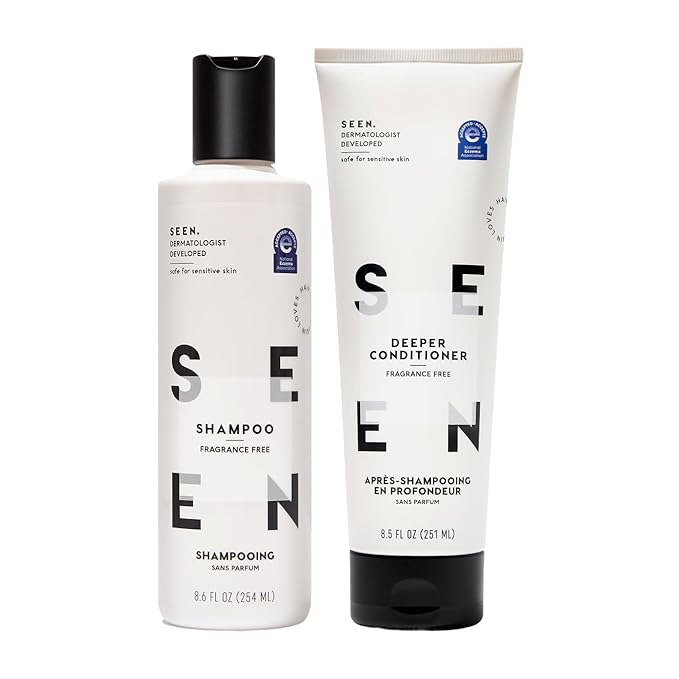 SEEN Shampoo & Deeper Conditioner Bundle, Fragrance Free - Non-Comedogenic Hair Care Set, Dermatologist-Developed, Safe for Sensitive, Eczema & Acne-Prone Skin