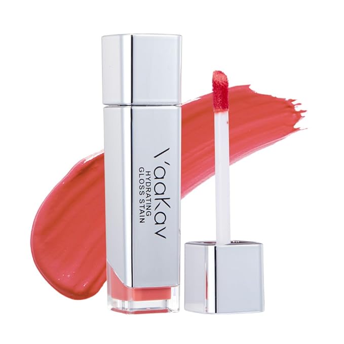 VaaKav Glossy Lip Stain – Hydrating Tinted Lip Oil Stain with High-Shine Gloss Finish, Non-Sticky Moisturizing Lip Tint, Long-Lasting Stain for Soft & Plump Lips(02 PEACH BANG)