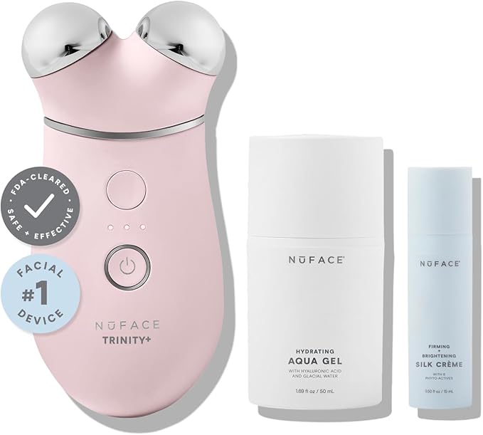 NUFACE Trinity+ Skin Tightening & Face Lift Device - Microcurrent Facial Sculpting Tool to Contour Cheeks, Jawline & Neck, 3 Frequencies, Supports Lymphatic Drainage + Activator Gel, Sandy Rose
