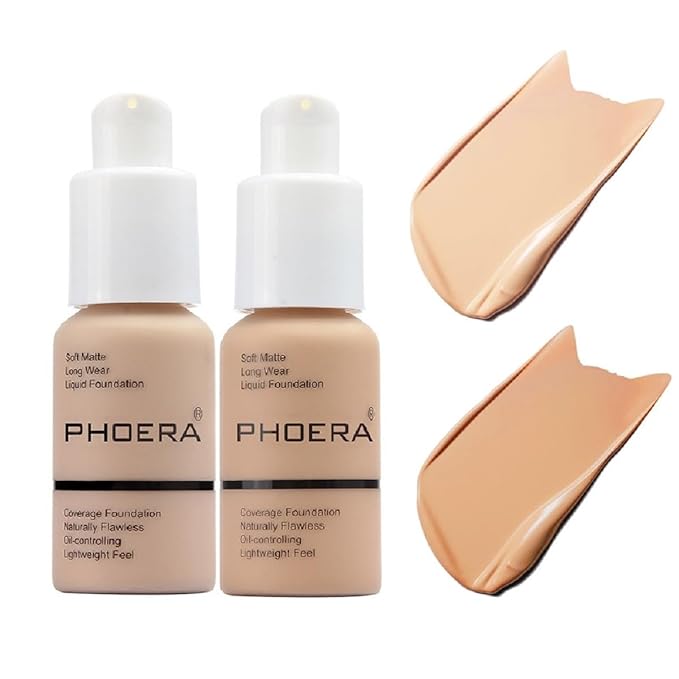 2 Pack PHOERA Foundation 102# Nude and 104# Buff Beige,Full Coverage Flawless Soft Matte 24 HR Oil Control Waterproof Concealer Liquid Foundation Makeup.