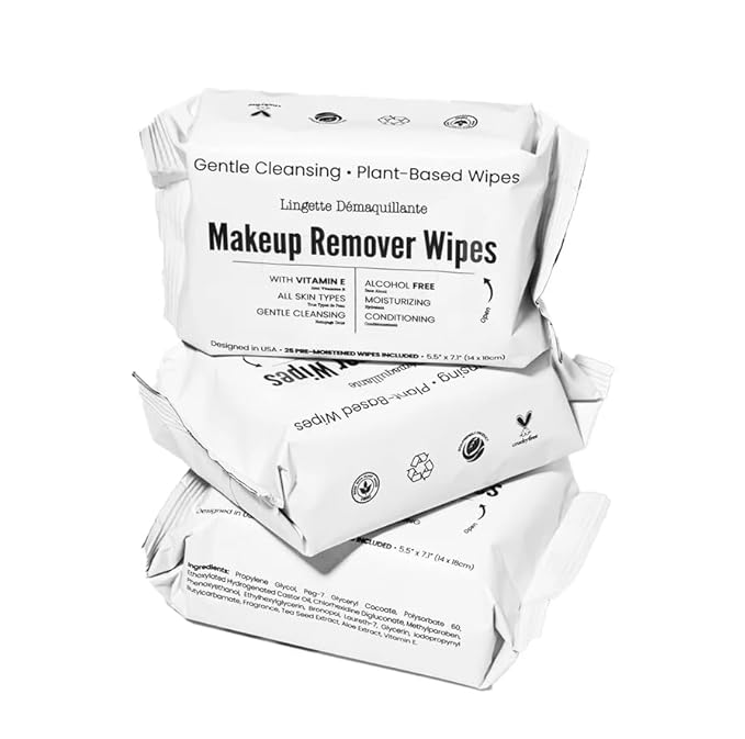 World Amenities Makeup Remover Wipes - Alcohol Free - Vitamin E Face Wipes for Sensitive Skin Comfort - Travel Friendly Facial Cleansing Wipes - 25 Count Bulk Pack