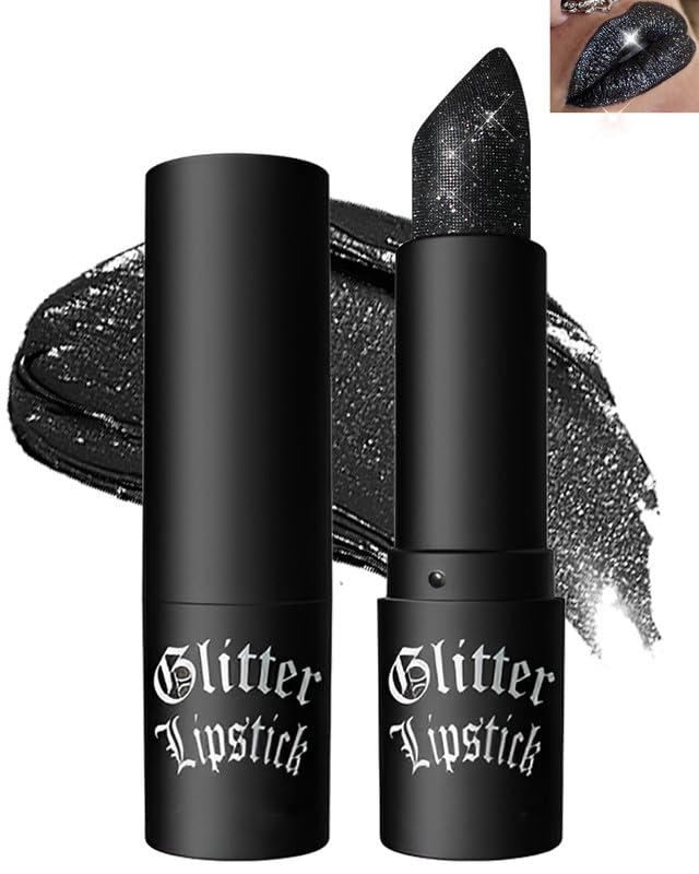 Black Glitter Lipstick,Waterproof Shimmer Lip Gloss,Halloween Gothic Makeup