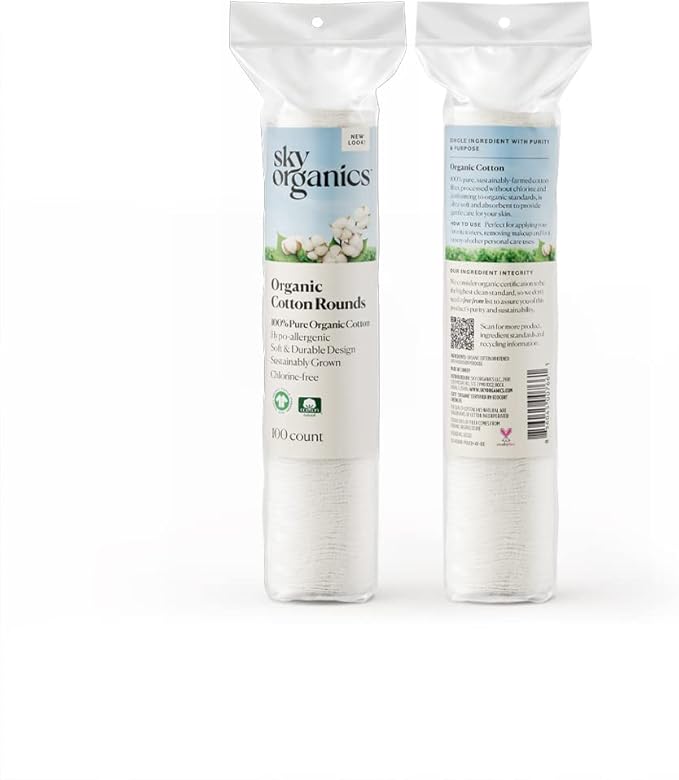Sky Organics Organic Cotton Rounds for Sensitive Skin, 100% Pure GOTS Certified Organic for Beauty & Personal Care, 100 ct.