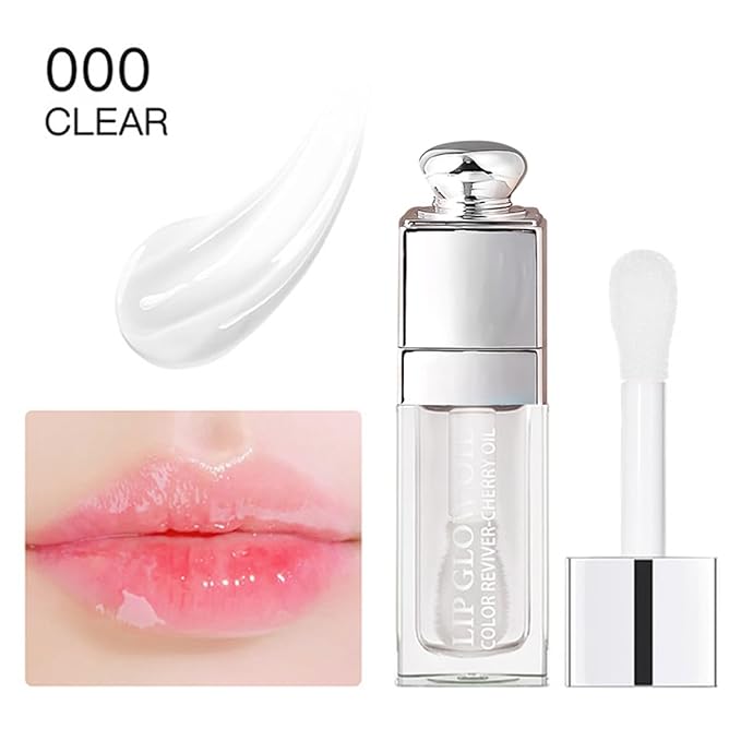 GECOMO Hydrating Lip Glow Oil, Lip Oil Gloss Transparent Toot Tinted Nourishing Long Lasting Repairing Lightening Lip Lines (CLEAR) 0.2 OZ