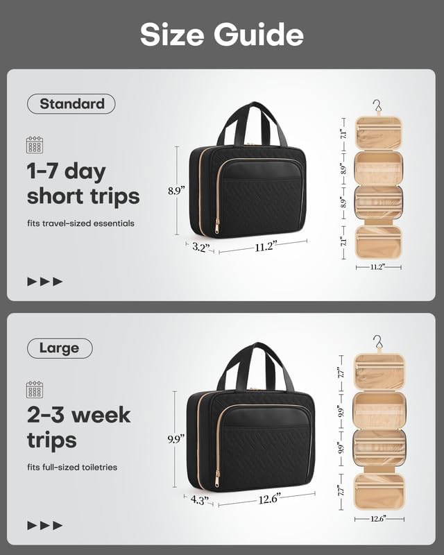 HOTOR Hanging Travel Toiletry Bag Women Men, Black, Large