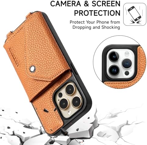 LUCKYCOIN Crossbody Phone Case for iPhone 15 Pro,100% Genuine Leather Phone Wallet Case for Women, Premium Hands-Free Phone Purse with Expandable Flip Card Holder & Adjustable Strap - Pebble Brown