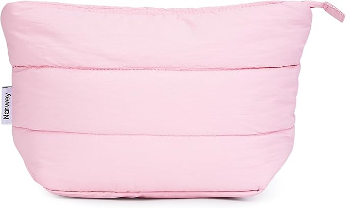 Narwey Travel Makeup Bag for Women Girl, Puffer Makeup Up Organizer Bag Cosmetic Bag, Puffy Cute Makeup Pouch Purse, Travel Toiletry Bag (Pink)