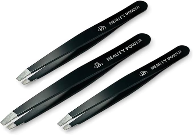 Beauty Power Tweezers for Women Facial Hair. Ultra Precision Tweezers for Women & Men, Sharp Slant Tweezer for Eyebrows, Ingrown Hair Removal. Professional Plucker, German Stainless Steel 3-Pack Black