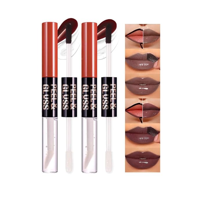 2Pcs Peel Off Lip Gloss Tattoo and Lip Oil 2-in-1, Lip Stain Peel Off Masque - Peel Off Lip Tint ,Long Lasting Waterproof Transfer-proof Lip Mask Lip Gloss Peel Off Lip Liner,Stay Lip Makeup 06#+07#