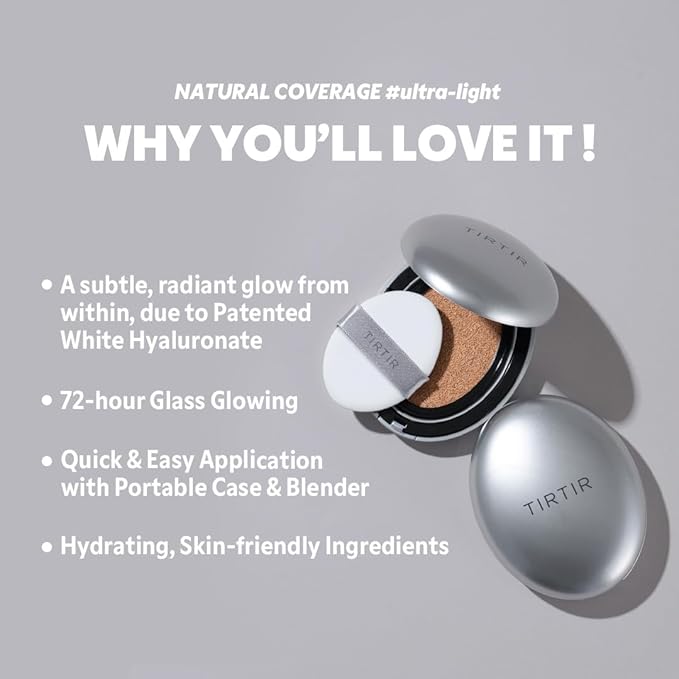 TIRTIR Mask Fit Aura Silver Cushion Foundation | Semi-glow Finish, Natural Coverage, Moisturizing, Lightweight, Korean cushion foundation (#27C Cool Beige, Full Size, 0.63 Fl Oz)