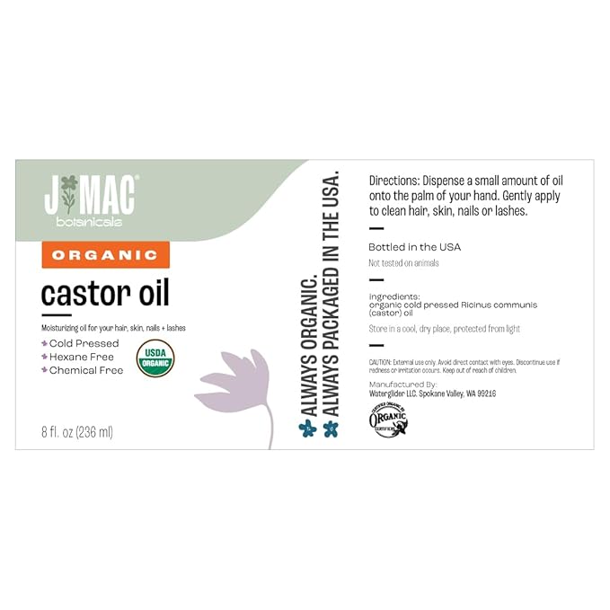 J MAC BOTANICALS Organic Castor Oil Cold Pressed in Amber Glass Bottle (8 oz) USDA Certified, Hexane Free - Moisturizing Oil for Hair, Skin, Face, Eyelashes, Brows, Nails, and Castor Wraps