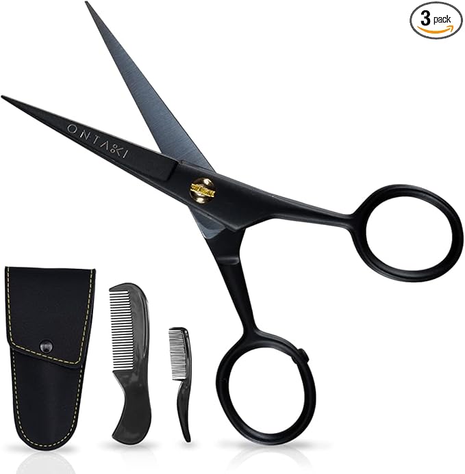 Ontaki 5" Beard & Mustache Scissors for Men with Combs - Black German Steel