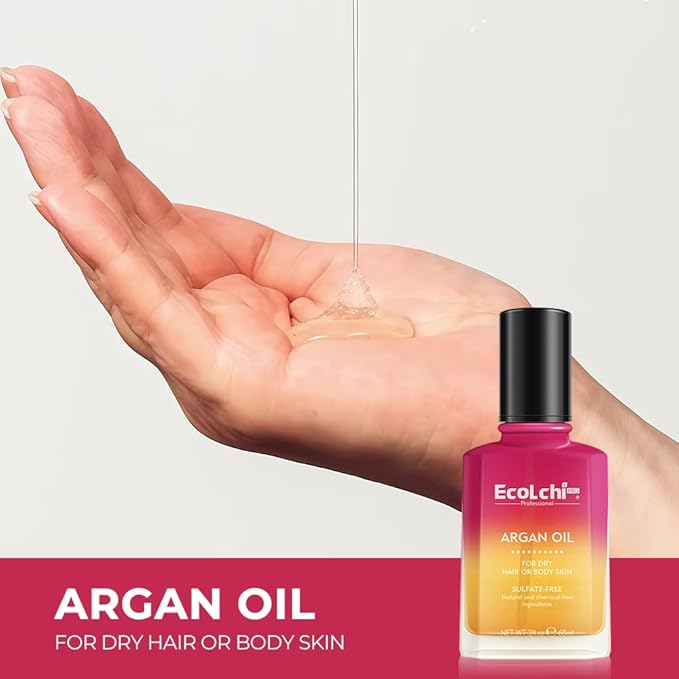 ECOLCHIPRO Argan Hair Oil Hair Serum Cold Pressed Weightless Vitamin E Argan Oil Hair Treatment for All Hair Types Dry Damaged Hair Body Skin 60ml