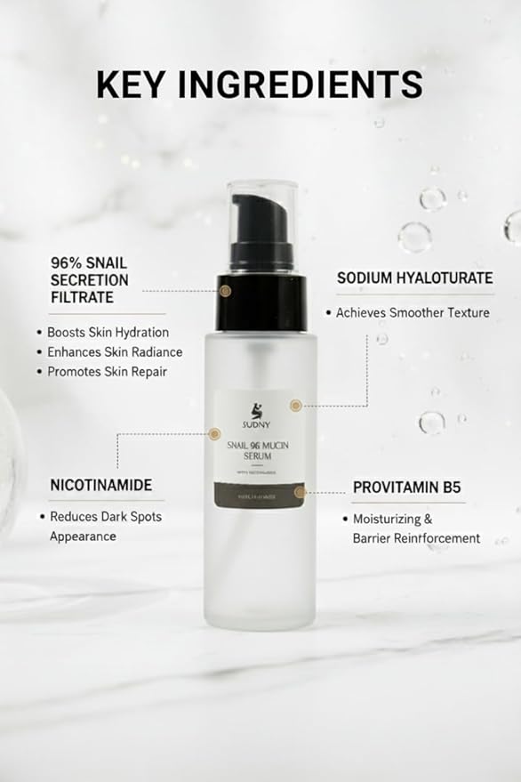 SUDNY Snail Mucin 96% Repairing Essence with Niacinamide, Aloe Vera & Glycerin - Snail Mucin Serum to Hydrate & Repair Dull Skin & Fine Lines- Gentle Skincare Serums with Snail Serum for Everyday Care