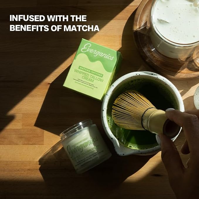 Everganics | Organic Matcha-Infused Whipped Tallow Cream for Skin | Grass-Fed Beef Tallow Natural Moisturizer for Face & Body | Made in USA | 4 oz (Large Size)