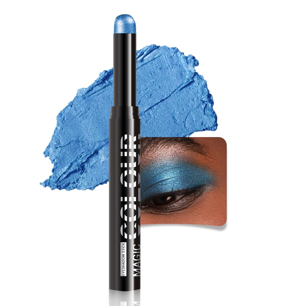 IATMOMOD Dazzling Blue Shimmer Cream Eye Shadow Stick Makeup for Women, Blue Shimmer Matte Eye Shadow Brightener Stick for Eyes, Waterproof Eyeshadow Pencil Applicator Blendable for Eye Highlight 22