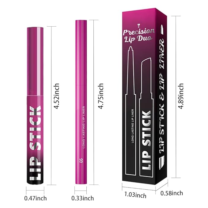 AMY'S DIARY 2Pcs Hot Pink Lipstick and Lip Liner Combo, Lip Liner and Lip Stick Kit for Women, Matte Lip Pencil and Smooth Hydrating Lipstick, Non-Stick Lip Makeup Set (05# Rose Pink)