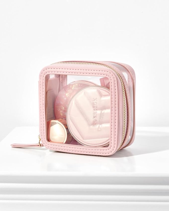 Camdeez Rownyeon Clear Cosmetic Bag Mini Makeup Bag Cute Clear Make Up Organizer Case Travel Toiletry Bag Small Pouches for Women with Zipper (Pink, Mini)