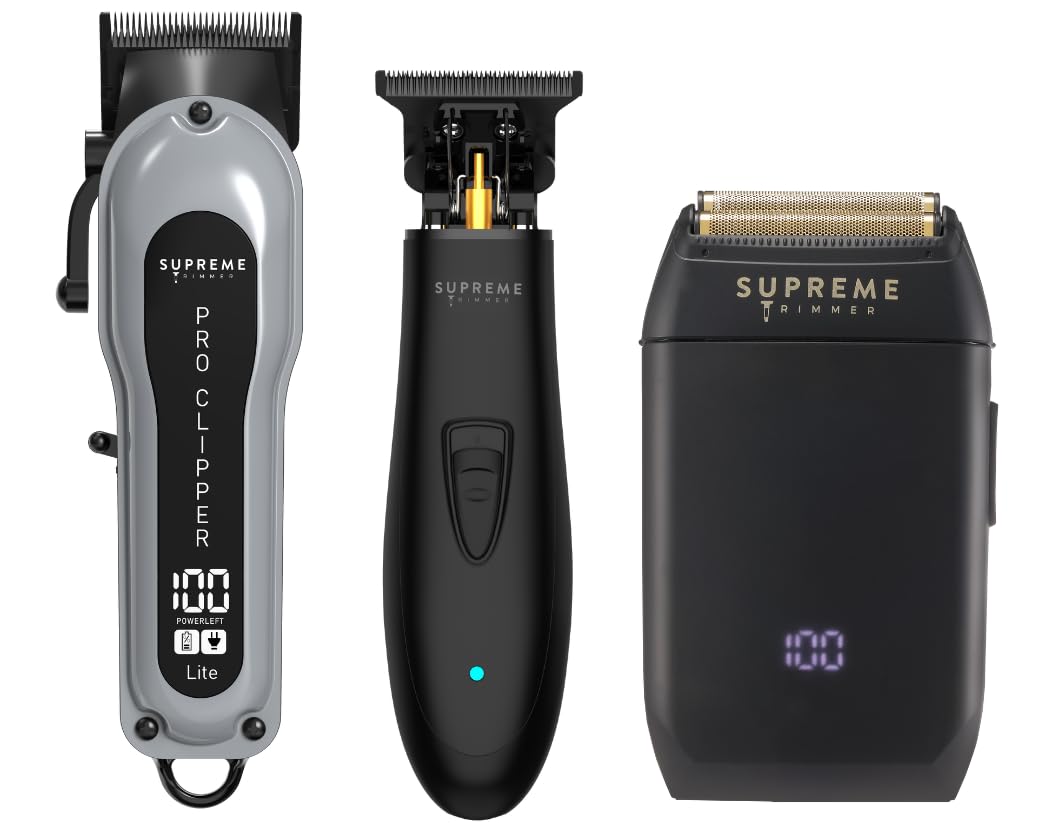 Supreme Trimmer 3-in-1 Barber Bundle | Pro Clipper Lite, DLC T-Shaper Trimmer & Crunch Foil Shaver | Professional Beard Trimmer Men’s Hair Clipper Kit | Black Lite Bundle