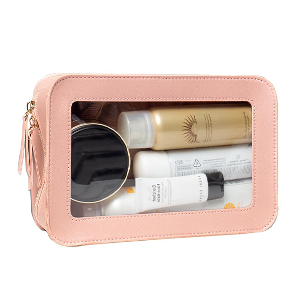 FFpaw Clear Makeup Bag, Pink Travel Makeup Pouch Toiletry Bag for Women Waterproof Small Cosmetic Bag Case Small Make Up Bag with Zipper Car Organizer Car Essentials for Women Men