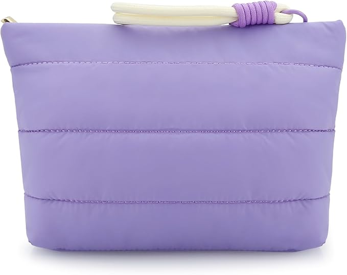 DOB SECHS Striped Quilted Makeup Bag with Wristlet Handle Cute Puffy Cotton Cosmetic Bag for Women Small Puffer Toiletry Zipper Make Up Pouch Quilt Clutch Bag Travel Organizer Storage Pouches, Purple