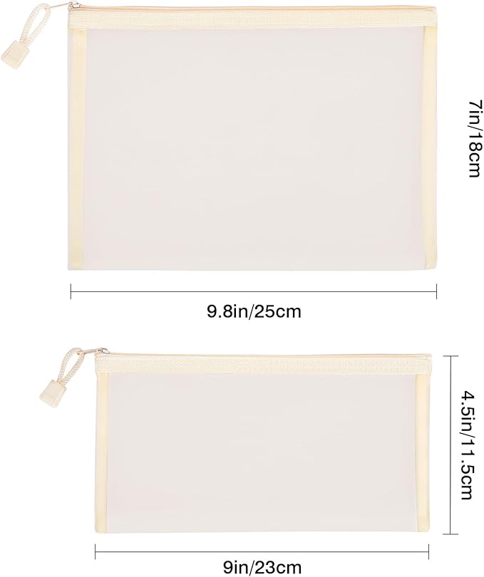 Sinzip 12 Pieces Zipper Nylon Mesh Pouch, Mesh Cosmetic Bags Makeup Bags Pencil Case, Multipurpose Travel Bags for Cosmetic School Office Supplies and Travel Accessories (Beige, A5+B6)