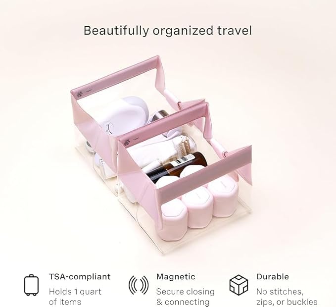Cadence Parcel - Clear Travel Kit with Zipperless Magnetic Closure - Rose, Extra Large - Durable, Leak-Resistant and TSA Approved Toiletry Bag - Modular Organization - Recycled TPU (4 Qt)