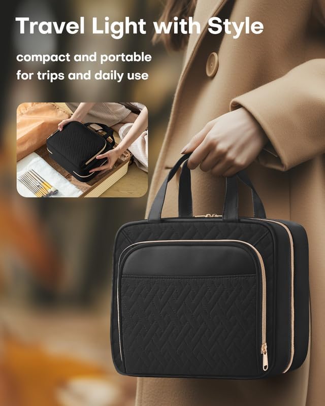 HOTOR Hanging Travel Toiletry Bag Women Men, Black, Large