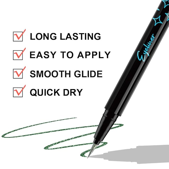 evpct 1Pcs Emerald Dark Green Glitter Shimmer Liquid Eyeliner Eye Shadow Makeup Pencil, Green Face Body Glitter Fake Eyelashes Lashes Mascara Accessories, Sparkle Metallic Colored Eyeliner Waterproof