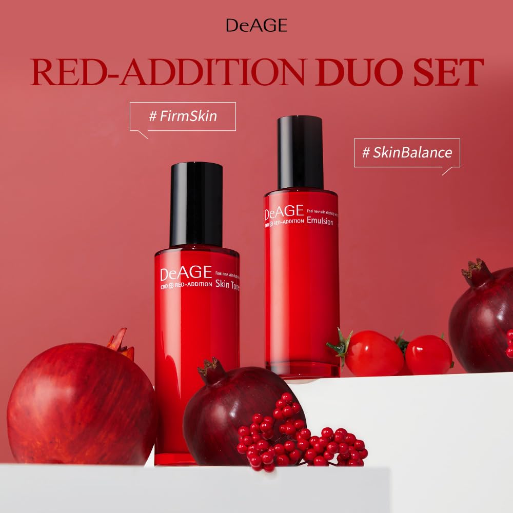 CHARMZONE DeAge Red Addition (New Version) Korean Skincare Set – Anti-Aging Toner & Emulsion Duo (100ml / 3.38 fl.oz) with Red Wine, Pomegranate & Tomato for Hydration, Firming & Radiance