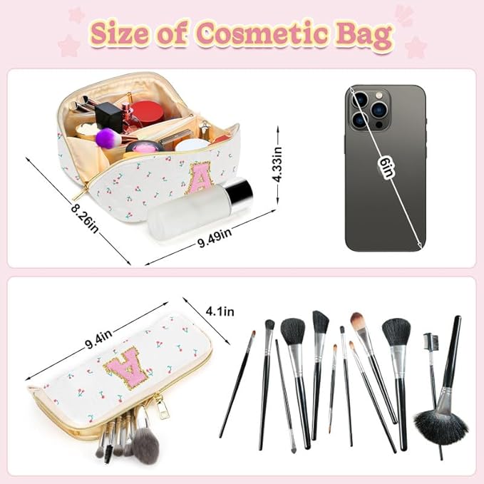 Personalized Travel Makeup Bag Set,Initial Travel Cute Cherry Makeup Organizer Bag,Toiletry Skincare Cosmetic Bag,Christmas Gifts for Women/Girls,Open Flat Toiletry Pouch with Brush Pocket-B