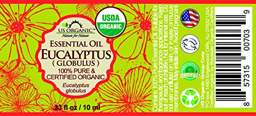 US Organic 100% Pure Eucalyptus Essential Oil (Globulus) - USDA Certified Organic, Steam Distilled - W/Euro droppers (More Size Variations Available) (10 ml /.33 fl oz)