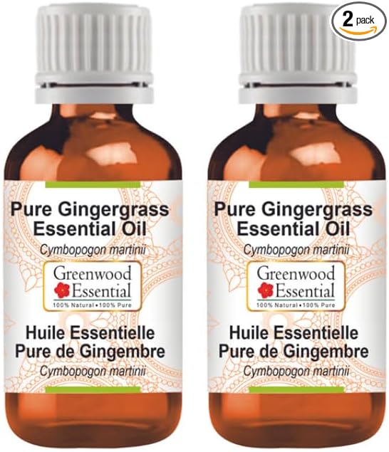 Greenwood Essential Gingergrass Essential Oil (Cymbopogon martinii) Pure | Non-Sticky | Non-Greasy | Lightweight | Men & Women | All Skin Types | Steam Distilled 15ml X 2 (1 oz)