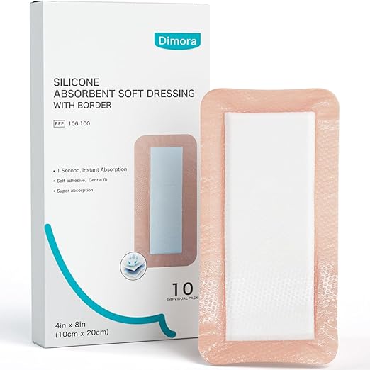 Dimora Silicone Ultra Absorbent Dressing Pads - Adhesive Wound Bandage with Gentle Border, Waterproof Soft Gauze for Post Surgical and Bed Sore Exudate Management 4"X 8" 10 Count