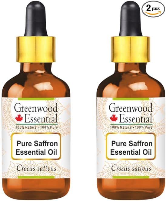 Greenwood Essential Saffron Essential Oil (Crocus sativus) with Glass Dropper | Pure | Non-Sticky | Non-Greasy | Lightweight | Men & Women | All Skin Types | Steam Distilled 5ml X 2 (0.33 oz)