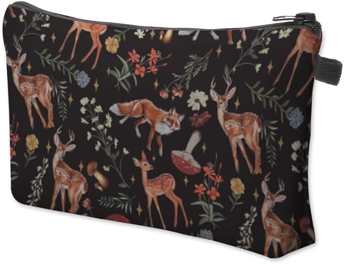 Loomifang Small Makeup Bag Cosmetic Bag for Women, Pretty Design Organizer Case with Zipper Closure, Lightweight and Water-Resistant Make Up Bag - 8.65"x 5.35" x 7.08"（Sika Deer & Fox）