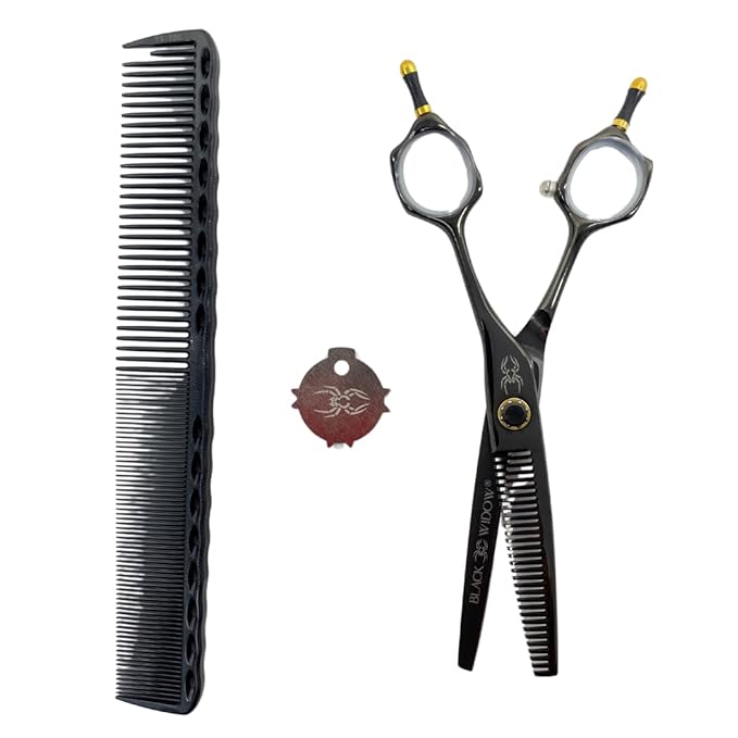 Black Widow Dos Manos Hair Thinning Shears, 6 Inch Ambidextrous Barber Blending & Texturizing Scissors, Japanese Stainless Steel, Adjustable Tension Screw