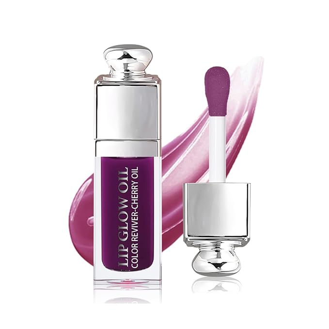 GECOMO Hydrating Lip Glow Oil, Lip Oil Gloss Transparent Toot Tinted Nourishing Long Lasting Repairing Lightening Lip Lines (BERRY) 0.2 OZ
