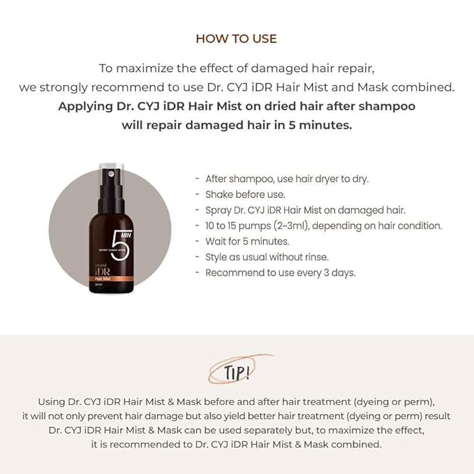 DR.CYJ iDR Instant Damage Repair Hair Mist Peptide Bond Repair Spray for Damaged Hair 5 Minute Transformation Lasts 3 Days 1.69 fl oz