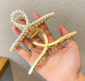 2 Pack Matte Gold and Pearl Hair Claws for Women: Large Metal Clips with Pearls for Thick Hair - Non-Slip Crab Claws and Strong Cross Barrettes