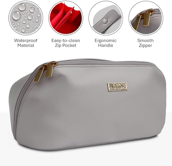 NAORI Travel Makeup Bag for Women | Large Luxury Cosmetic Organizer with Handle & Inner Pockets | Waterproof Faux Leather Toiletry Bag | Makeup Case for Home, Travel & Gifting (Soft Grey)