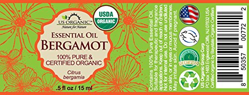 US Organic 100% Pure Bergamot Essential Oil, USDA Certified Organic, Cold Pressed, with Euro droppers (More Size Variations Available) (15 ml /.5 fl oz)