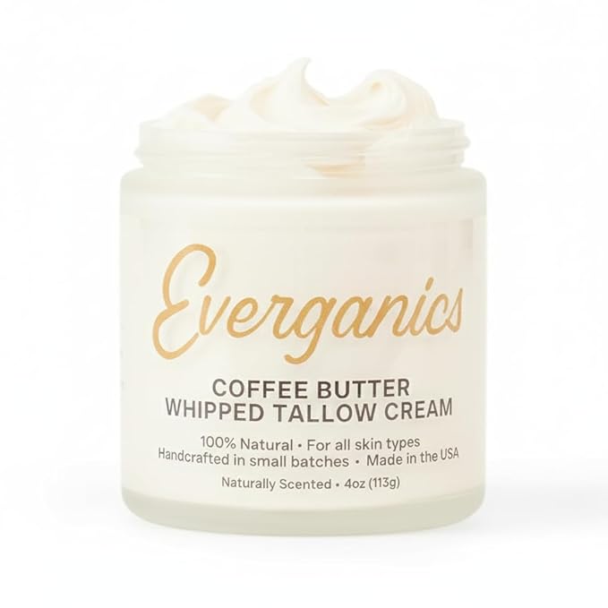 Everganics | Organic Coffee Butter Whipped Tallow Cream for Skin | Grass-Fed Beef Tallow Natural Moisturizer for Face & Body | Made in USA | 4 oz (Large Size)