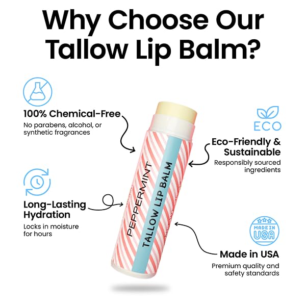Tallow Lip Balm by Cattle Creek – All-Natural Ingredients, Long-Lasting Moisture and Hydration for Dry, Cracked, and Chapped Lips, Soothing Formula for Soft Skin (Pack of 3, Peppermint)