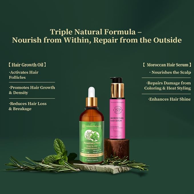 NP NATURES PHILOSOPHY Moroccan Argan Oil & Rosemary Hair Growth Oil Set, Hair Serum, Anti-Frizz, Anti-Hair Loss, Adds Shine, Quickly Absorbed & Non-Greasy, Aussie Hair Products for Men & Women