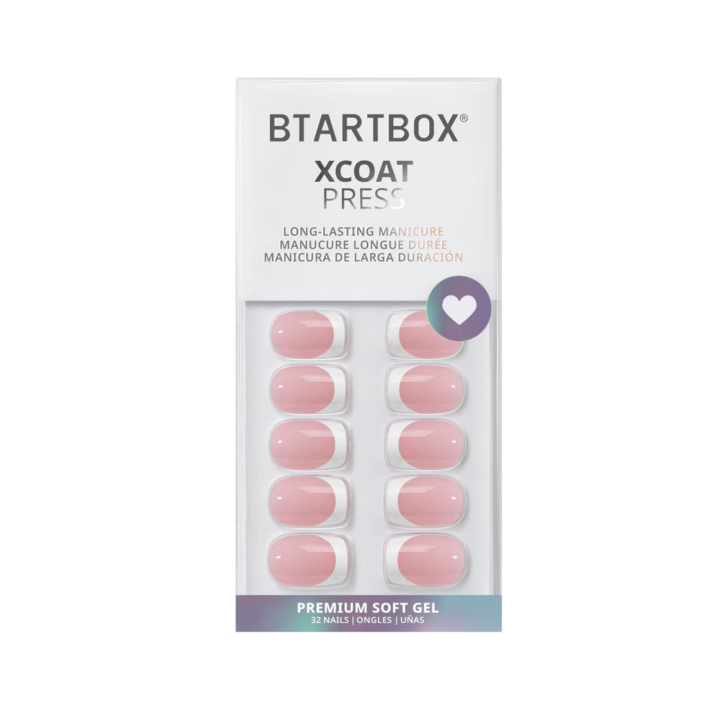 BTArtbox Press On Nails, French Tip Short Square Fake Nails, 32Pcs Full Kit