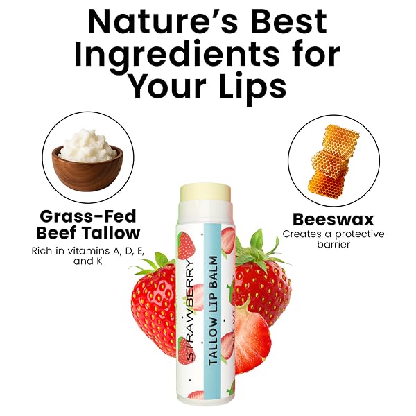 Tallow Lip Balm by Cattle Creek – All-Natural Ingredients, Long-Lasting Moisture and Hydration for Dry, Cracked, and Chapped Lips, Soothing Formula for Soft Skin (Pack of 3, Strawberry)