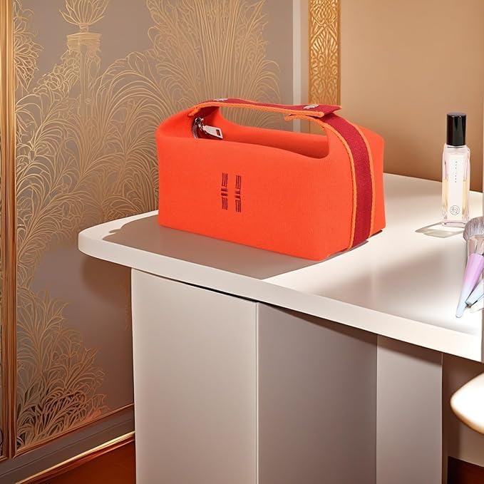 Sluxa Fashion Makeup Bag for Women, Orange Red Canvas Make up Travel Bag,Luxury Cosmetic Bag Organizer for Women(Full updated)